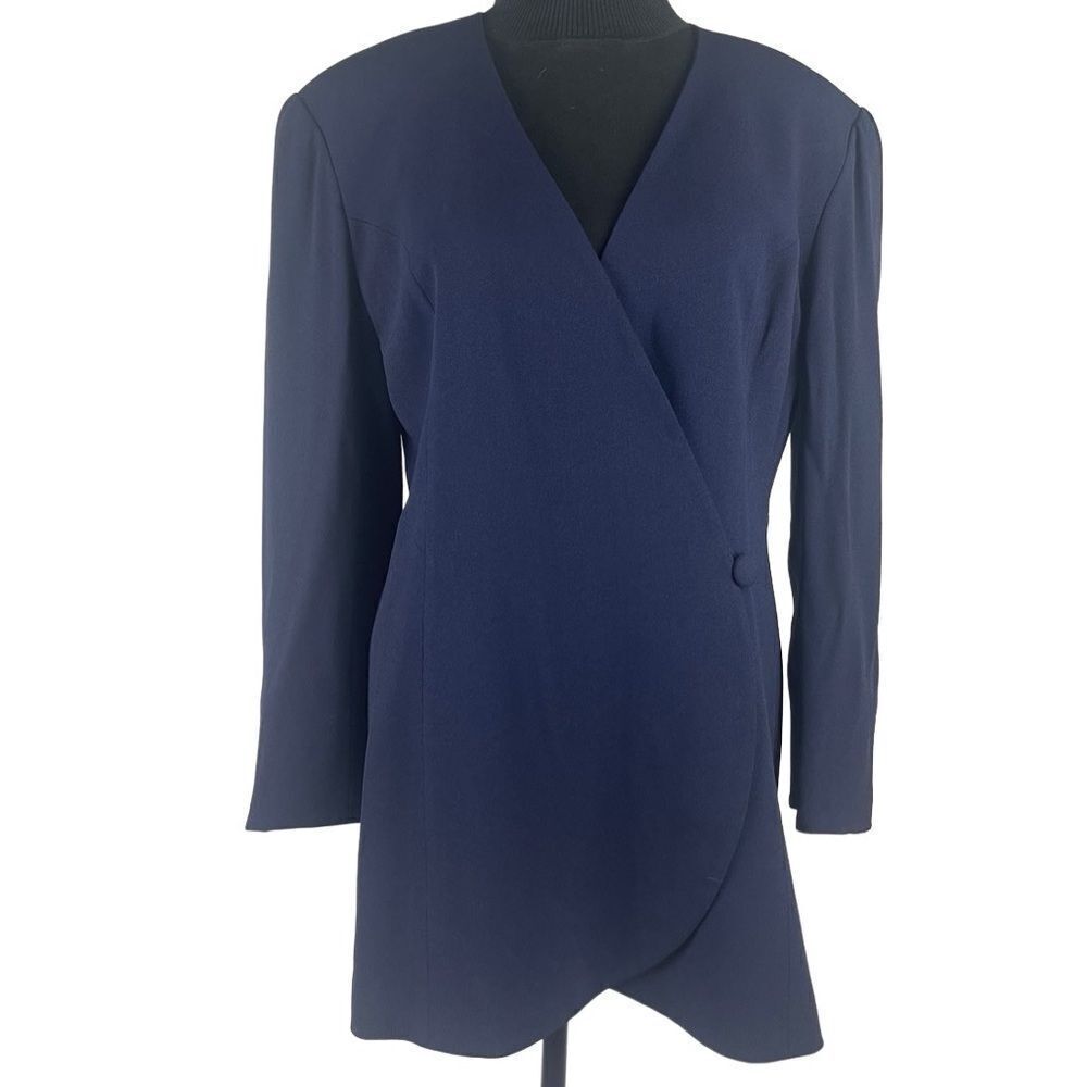 Lida Baday long navy blue wrap around blazer jacket 1‎ button sz 8